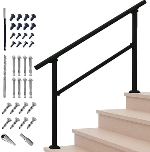 Hand Rails for Outdoor Steps，Stair Handrail & Indoor Stair Railing Kit，Railings for Outdoor Steps for Fence & Outdoor Steps (1, Black-Straight, 4 Step)