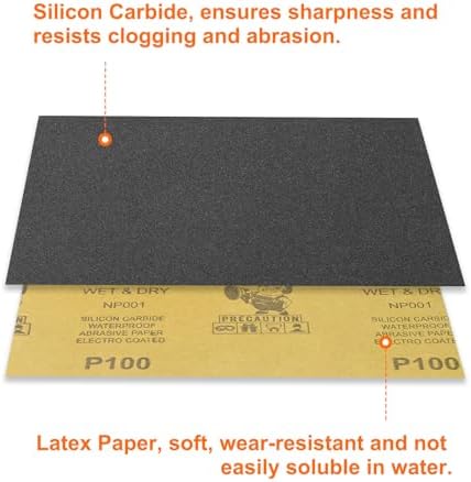 HARFINGTON 50pcs Sandpaper 100 Grit 9 x 11 Inch Waterproof Backing Silicon Carbide Abrasive Wet Dry Sanding Sheets for Wood Finishing, Metal Sanding, Automotive Polishing