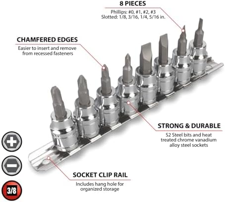 Performance Tool W38860 8-Piece 3/8 in. Drive Screwdriver Bit Socket Set | Automotive SAE slotted and Phillips S2 steel bits. Chrome vanadium sockets. Includes steel socket clip rail