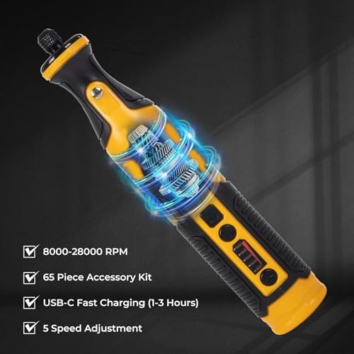 7.2V Cordless Rotary Tool Kit, 28000 RPM Mini Grinder with 65-Piece Accessories, Variable Speed Electric Drill Set with LED Light for Engraving, Polishing, Cutting, Wood Carving, DIY Crafts