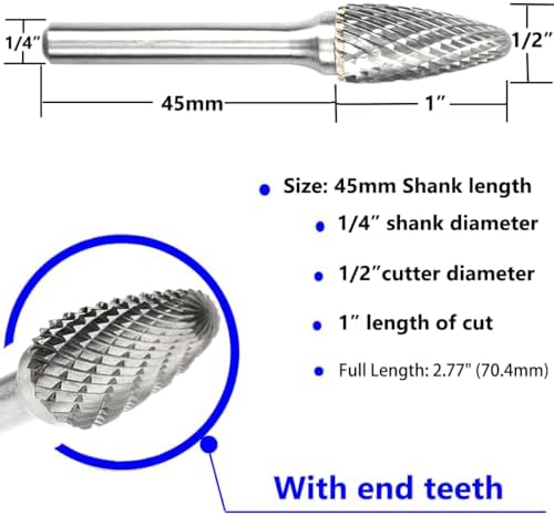 Carbide Burr Set 1/4" Shank SF-5 Die Grinder Bits Tungsten Double Cut Burr Bits (1/2" Cutter Dia X 1" Cutter Length) for Die Grinder Kits Metal Grinding Drilling Polishing (3pcs)