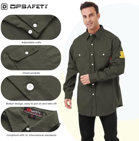 FR Shirts for Men 7oz Hi Vis Fire Resistant Shirts CAT2 Welding Shirt 100% Cotton Flame Resistant Shirt Dark Green(6X-Large)
