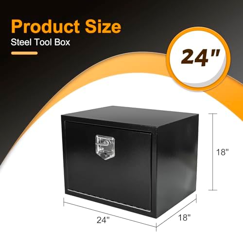 24 Inch Underbody Truck Box Steel Storage Tool Box,24 x 18 x 18 Tool Chest Organizer w/Lock and Keys For Pickup,Truck Bed, RV, Trailer,Heavy Duty Waterproof Black box