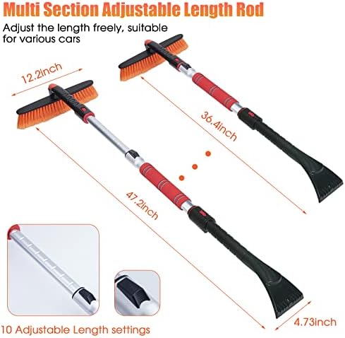 FOVAL 47.2" Extendable Snow Brush and Wider Ice Scraper (4.73" Width) with 360° Pivoting Brush Head, Snow Removal Tool Car Brush with Comfortable Foam Grip for Car Windshield, Trucks, SUVs