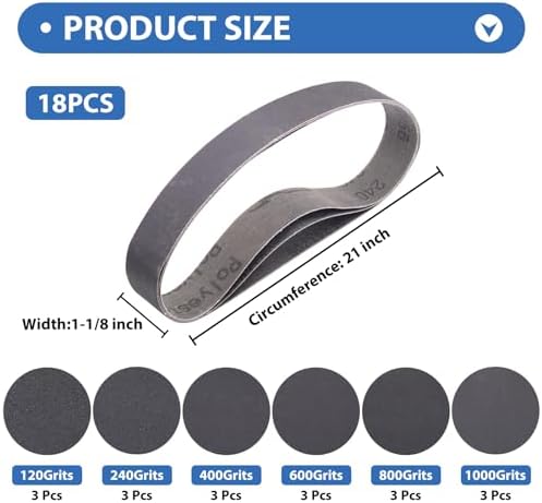 Taokyid 1-1/8 x 21 Inch Sanding Belts 120 240 400 600 800 1000 Grit 18 Pcs
