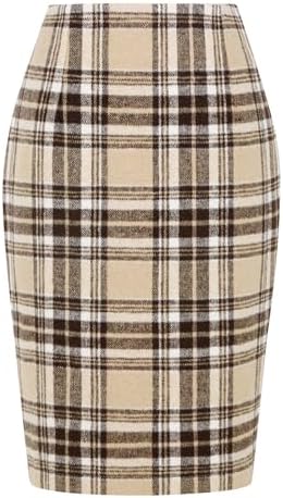 IDEALSANXUN Plaid Skirts for Women Fall Winter Knee Length Pencil Wool Skirt with Slit
