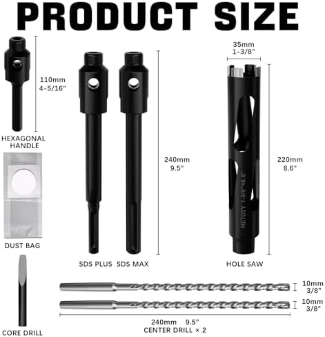 Diamond Core Drill Bit 1-3/8"(35mm) with Pilot Bit & Adapters (SDS Plus & Hex) – Upgraded Welded Segments, 8.6" Depth – for Concrete, Solid Brick, Hollow Brick, Masonry & More