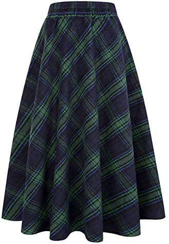 IDEALSANXUN Womens Plaid Wool Skirts Elastic Waist A-Line Pleated Tartan Long Skirts