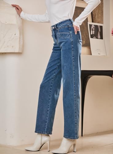 Sidefeel Women's Straight Leg Jeans High Waisted Stretchy Jeans Zimbaplatinum Wide Leg Ankle Denim Pants with Pockets