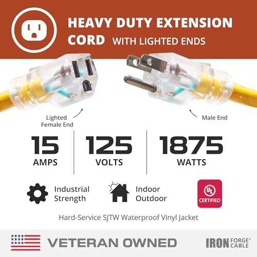 Iron Forge Cable 10 Gauge Extension Cord Heavy Duty, 3 Ft - Yellow SJTW
