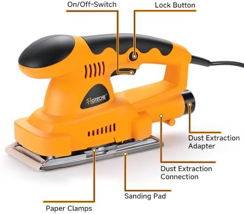 Hoteche 180W Sheet Sander, 187x90mm Aluminum Base, 12000RPM, with Dust Collection Tube & Accessories for Woodworking