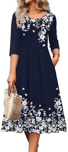 Zeagoo 3/4 Sleeve Women's Dress Casual Aline Summer Fall Midi Long Dresses