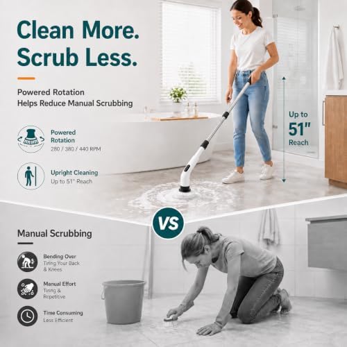 PPLEE Electric Spin Scrubber, Cordless Spin Scrubber, 3 Speeds, Long Handle