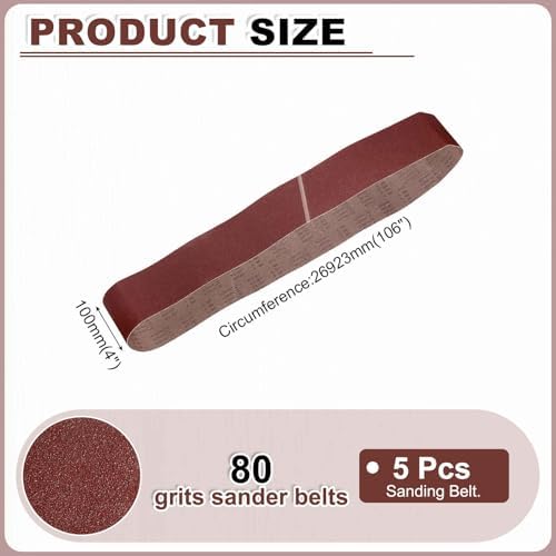 HARFINGTON 4 x 106 Inch Sanding Belts, 5 Pcs 80 Grit Aluminum Oxide Abrasive Belt Sander File Belt for Woodworking, Metal Polishing, Knife Sharpener