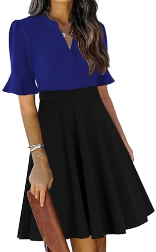 Mokayee Womens Summer V Neck Ruffle Short Sleeve Fit and Flare Knee Length Church Wedding Guest Dresses with Pockets