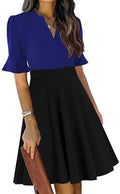 Mokayee Womens Summer V Neck Ruffle Short Sleeve Fit and Flare Knee Length Church Wedding Guest Dresses with Pockets