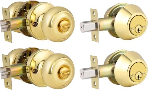 2 Pack Polished Brass Round Entry Door Knobs and Deadbolt Combination Set, Keyed Alike Double Cylinder Deadbolt Door Lock Set
