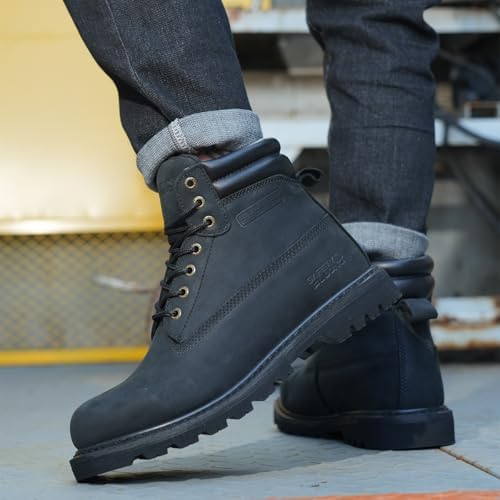 Steel Toe Work Boots for Men, 6-Inch Non Slip Comfortable Leather Waterproof Industrial Construction Safety Workboots