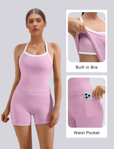 SUUKSESS Women 2 Piece Workout Sets High Waisted Biker Shorts with Pockets Built in bra Racerback Tank Tops