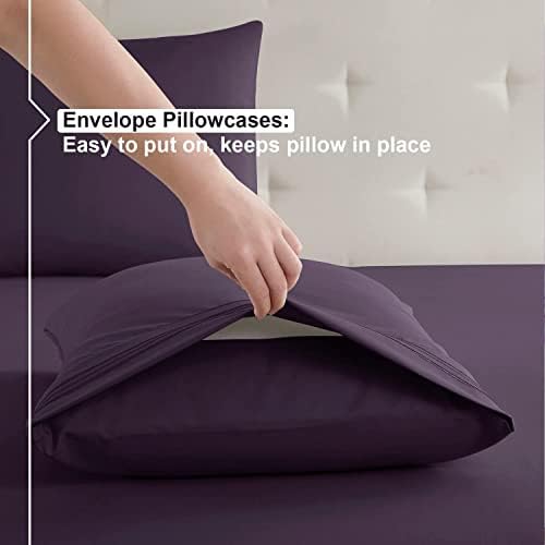 Nestl Twin XL Sheets Set - 3 Piece XL Twin Bed Sheets, Extra Soft Double Brushed Bedding for Adjustable Bed, 2 Tone White/Eggplant Set, White Fitted Sheet, Eggplant Flat Sheet, Eggplant Pillow Case