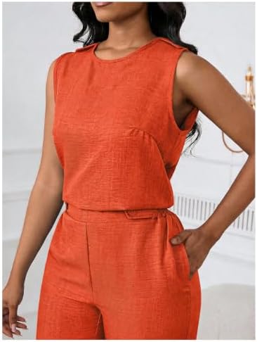 Floerns Women's 2 Piece Sets Dressy Outfits Bussiness casual Crew Neck Sleeveless Blouse and Elegant Pants Set