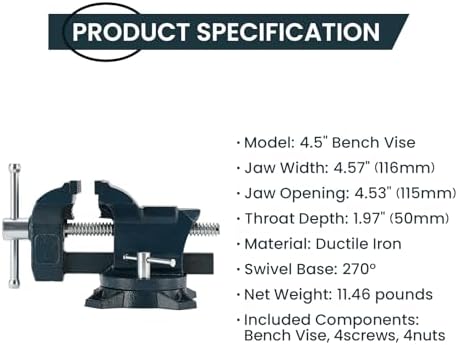 4.5" Heavy Duty Bench Vise with 270° Swivel Locking Base Desktop Clamp - Durable Ductile Iron Design