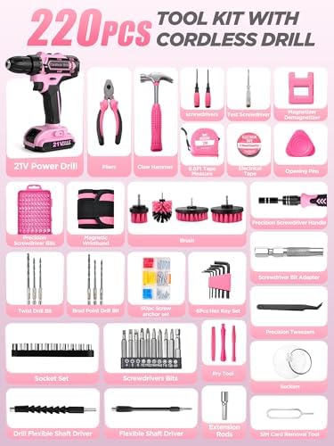 Cordless Drill Set 220 Pcs, 21V Power Drill with Tool Kit, Storage Bag, Electric Drills for Women, Precision Screwdriver set, Magnetic Tool Belt, Hand ToolBox, Drills Brush, Valentine's Day Gifts