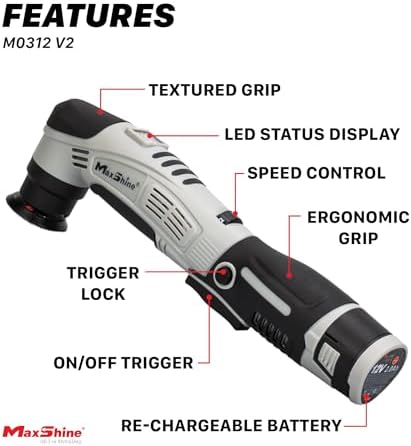 Maxshine M0312 V2 Cordless Mini Polisher Grey – Lightweight DA & Rotary Buffer for Cars, Trucks & Boats – 6-Speed Portable Detailing Tool for Scratch Repair, Headlight Restoration, Swirl Removal