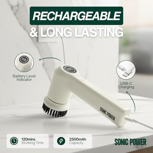 SonicPower Electric Spin Scrubber – Handheld & Ergonomic, IPX7 Waterproof, 4 Multi-Purpose Brush Heads, Long-Lasting Rechargeable Battery – Cleans Dishes, Bathroom, Tile, Grout & Kitchen (Beige)