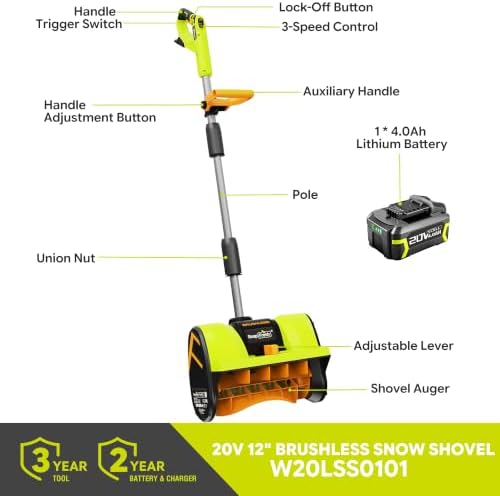 SnapFresh 20V Brushless Snow Shovel, 5-Car Driveway Cordless Snow Thrower Kit, 3-Speed, 300lbs/Min, 12" Lightweight Snow Blower, Adjustable Handle, 4.0Ah Battery & Fast Charger Included