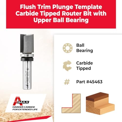 Amana Tool 45463 Carbide Tipped Flush Trim Plunge Template Router Bit 3/4 Dia x 1 Inch x 1/2 Shank with Upper Ball Bearing