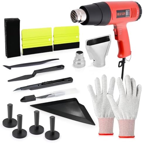 EHDIS Window Tint Kit Vinyl Wrap Tool with Heat Gun,Vinyl Scraper,Shank Gasket Squeegee,Working Gloves,Curves Slot Tint Tool for Car Wrapping,Window Film,Graphics,Decal Installation