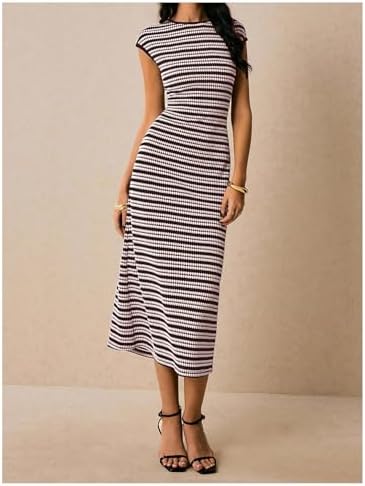 SOLY HUX Women's Striped Midi Dress Casual Work Knit Bodycon Summer Dresses
