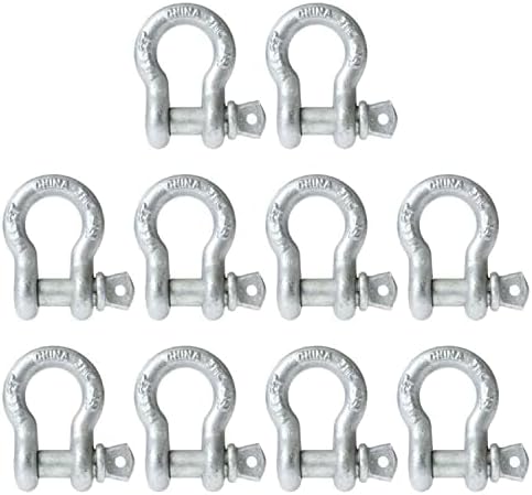 US Cargo Control 3/8 Inch Galvanized Screw Pin Anchor Shackles (10-Pack), 1 Ton (2,000 LBS) Working Load Limit, Hot Dip Galvanized Shackles for Lifting, Rigging, and Towing, Forged Steel