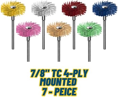 Dedeco Sunburst - 7/8 Inch TC 4-PLY Radial Bristle Discs - Precision Thermoplastic Rotary Cleaning and Polishing Tool Set, Assorted: 1 of Each 7 Grit Textures 3/32 Inch (2.35mm) Shanks (7 Piece)