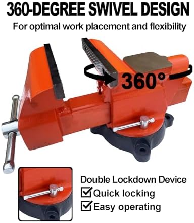 Bench Vise 6 Inch Jaw Width 5.5 Inch Jaw Opening Home Vise - Secure Grip with 360° Swivel Base Home Vise Rotation Base - Assembled with a Combination of Heavy Duty Cast Iron and Steel - Orange