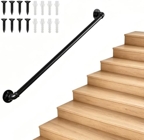 4FT Metal Staircase Hand Rail, Wall-Mounted Industrial Pipe Stair Handrail | Black Galvanized Iron Handrails for Garage, Porch, Toilet, Yard and Garden, Vintage Railing for Outdoor Indoor Stairs