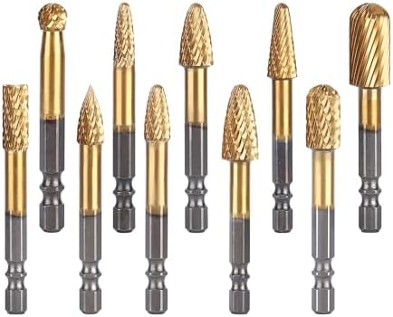 HUHAO 10Pcs Carbide Burr Set 1/4 Shank Die Grinder Bits Rotary Tools Attachment Kit Rasp File Accessories Metal Wood Stone Steel Grinding Deburring Cutting Porting Carving