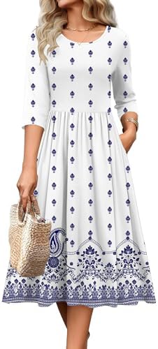 Zeagoo 3/4 Sleeve Women's Dress Casual Aline Summer Fall Midi Long Dresses