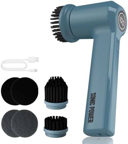 SonicPower Electric Spin Scrubber – Handheld & Ergonomic, IPX7 Waterproof, 4 Multi-Purpose Brush Heads, Long-Lasting Rechargeable Battery – Cleans Dishes, Bathroom, Tile, Grout & Kitchen (Steel Blue)