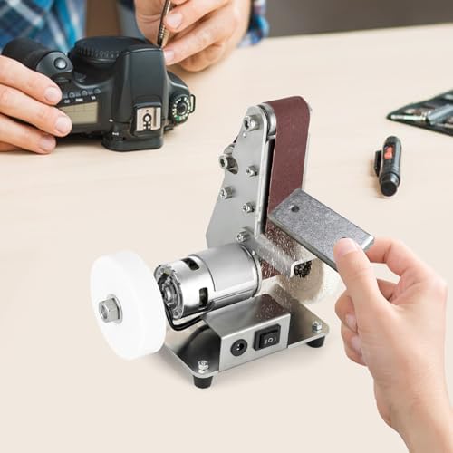 3-In-1 Mini Belt Sander, Adjustable Speed Electric Bench Grinder Sanding Machine, Table Top Grinder Polisher for DIY Craft Wood Stained Glass Jewelry Making Bench Grinder
