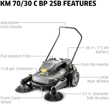 Kärcher Pro Walk Behind Outdoor Push Sweeper, KM 70/30 C Bp 2SB, Battery Powered, Suction System, Dust Filter - 38" Working Width, 11.9 Gallon - for Commercial Use in Warehouses, Workshops, and More