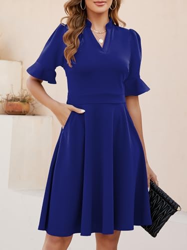 Mokayee Womens Summer V Neck Ruffle Short Sleeve Fit and Flare Knee Length Church Wedding Guest Dresses with Pockets