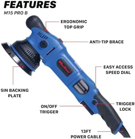 Maxshine M15 Pro Dual Action Polisher Blue – 15mm Long Throw Random Orbital Buffer, 1000W Detailing Machine 5″ Backing Plate – Variable Speed 2500–5000 OPM for Car, Truck, SUV & Boat Paint Correction