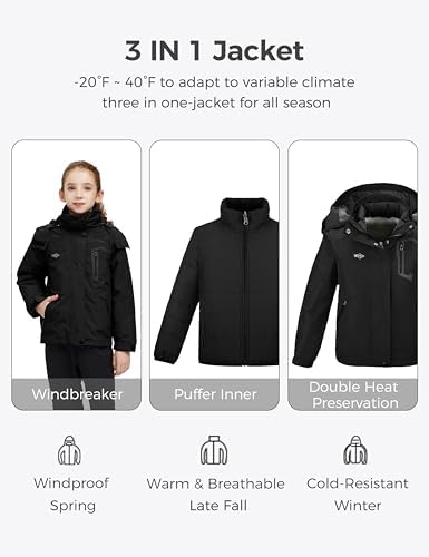 wantdo Girls' 3-in-1 Ski Jacket Windproof Winter Coat Hooded Raincoat