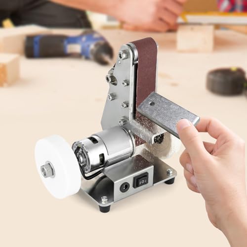 Mini Belt Sander, Electric Bench Grinder Sanding Machine with Aluminum Grinding Wheel & Woolen Buffing Wheel Table Top Grinder Polisher for DIY Woodworking Metal Grinding