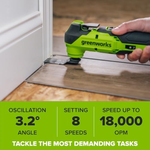 Greenworks 24V Brushless Cordless 18,000 OPM Oscillating Multi Tool Tool Only with Woodcutting Blades and Sanding Pad with Sheets Included,8 Speed Settings+20PC Multi-Tool Hook and Loop Sanding Kit