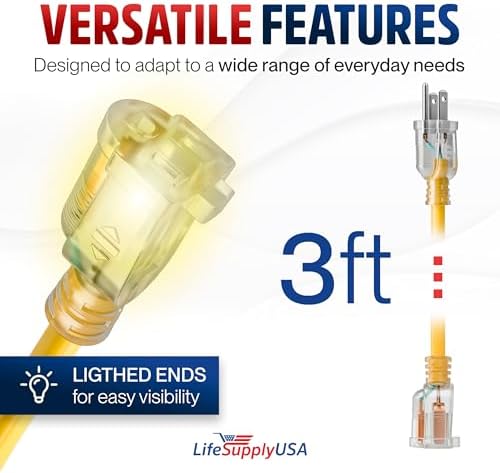 3ft Outdoor/Indoor Extension Cord 16/3 Gauge Heavy Duty 3 Prong SJTW (5-15P/5-15R), Waterproof, Flexible Cold-Resistant Long Power Cord,13A 125V 1625W, Yellow by LifeSupplyUSA