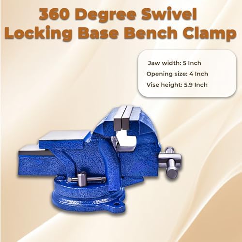 kimllier 5 Inch Heavy Duty Bench Vise with Anvil 360 Degree Swivel Locking Base Bench Clamp, Fit for Clamping Fixing Equipment Home or Industrial