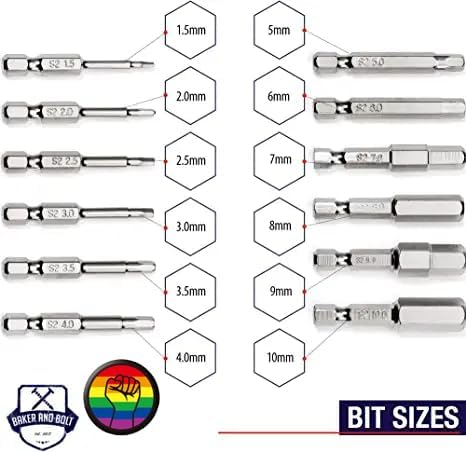 Metric Allen Wrench Drill Bit Set - Premium 12pc Complete SAE Set w/Storage Case and Bit Holder - 1.5mm - 10mm 1/4in Hex Shank Magnetic Bit Set - The GIFD Collection S2 Steel Long 2in drive heads
